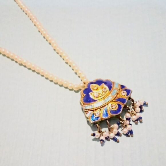 Eastern Inspired Faux Pearl and Blue Enamel Beaded Pendant Necklace * - Picture 4 of 5